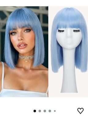 Blue Bob Wig With Bangs 14 Inch Synthetic Straight
